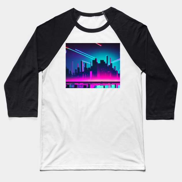 Synthwave cityscape landscape Baseball T-Shirt by SJG-digital